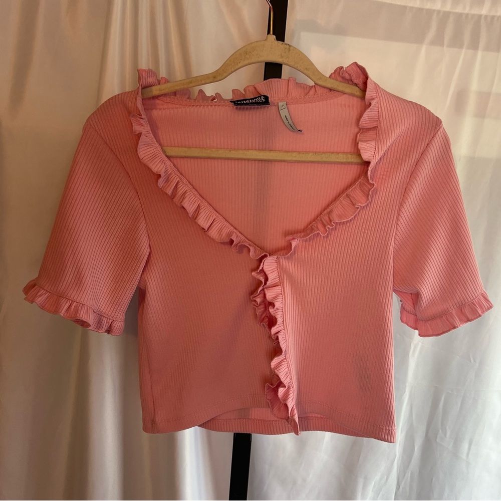 Reclaimed Vintage Pink Ruffle Trim Crop Top, size Small